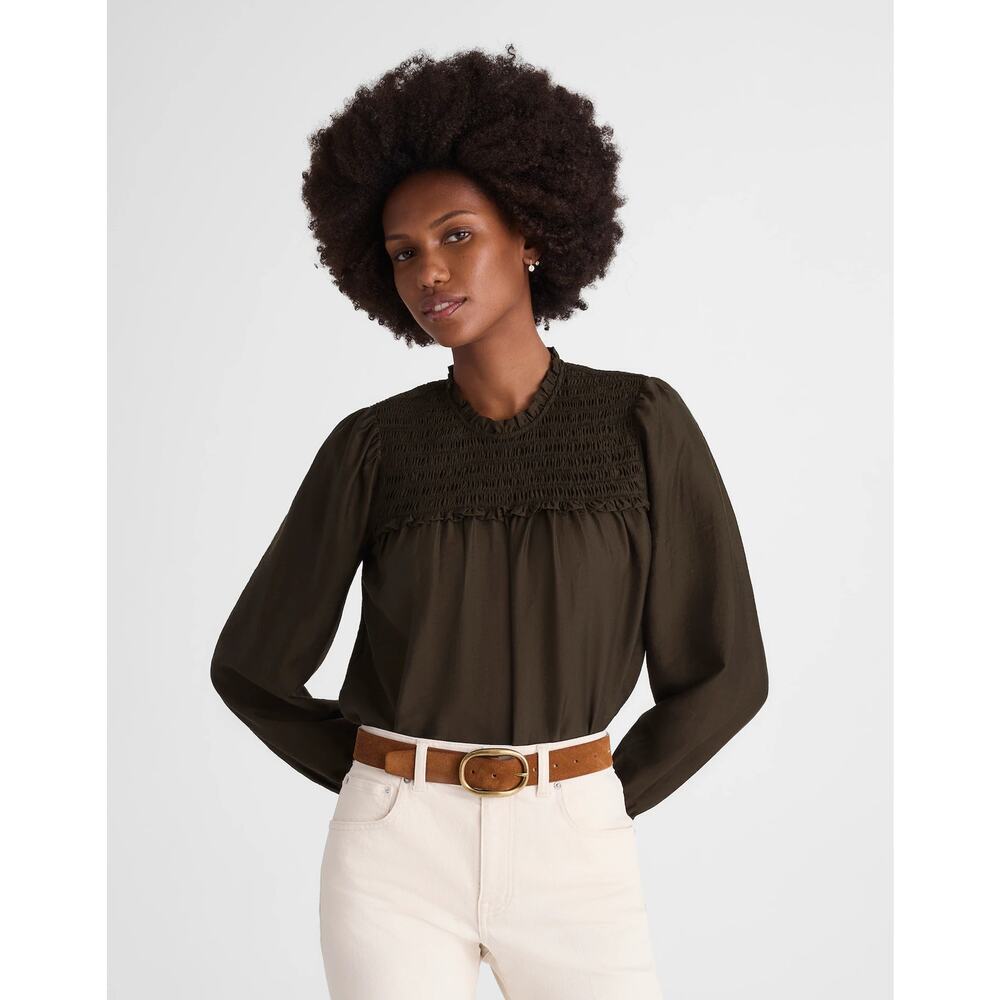 Madewell Smocked High-Neck Long-Sleeve Blouse Top Midnight Olive Womens Small